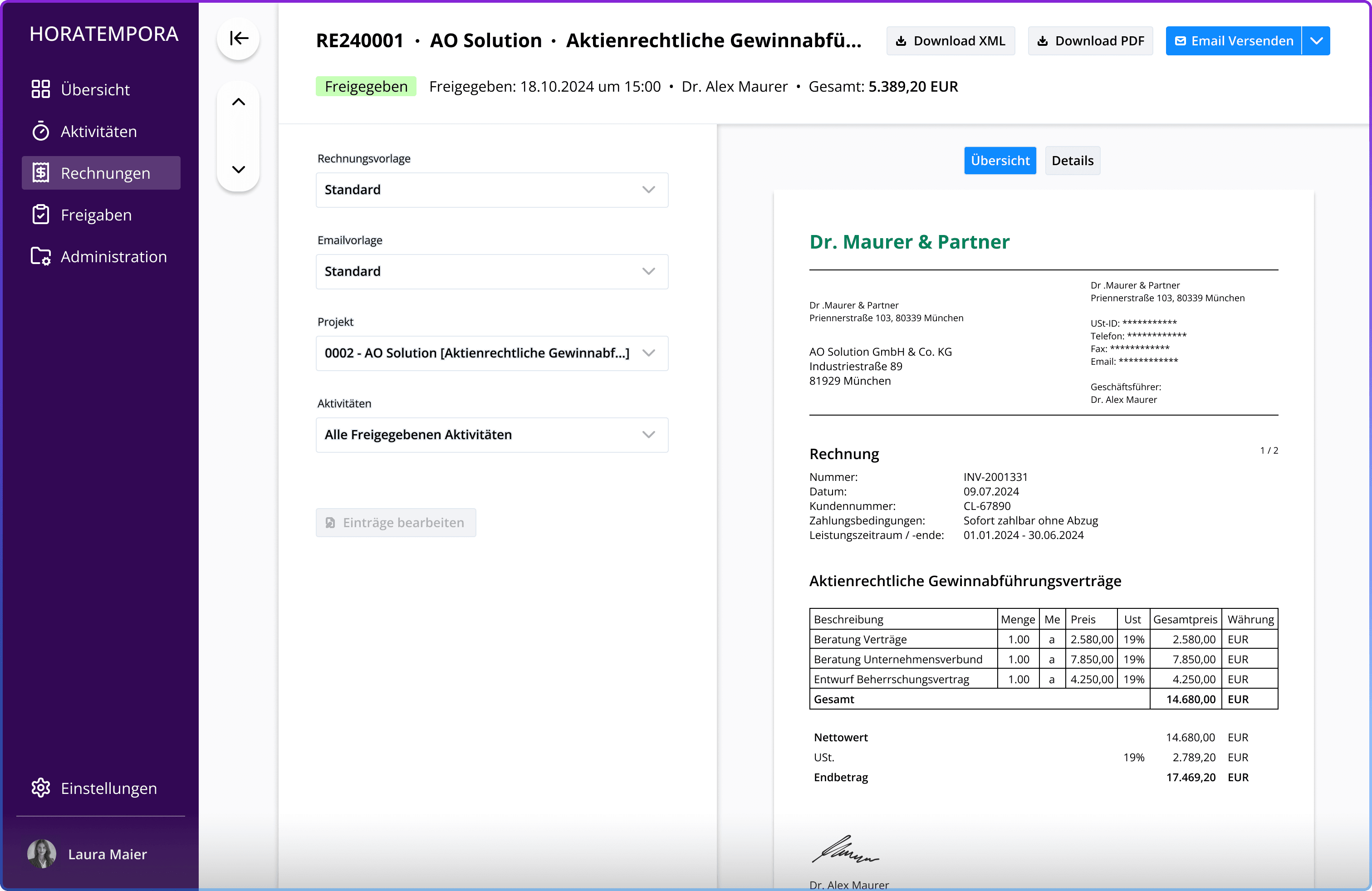 Horatempora invoice panel screenshot